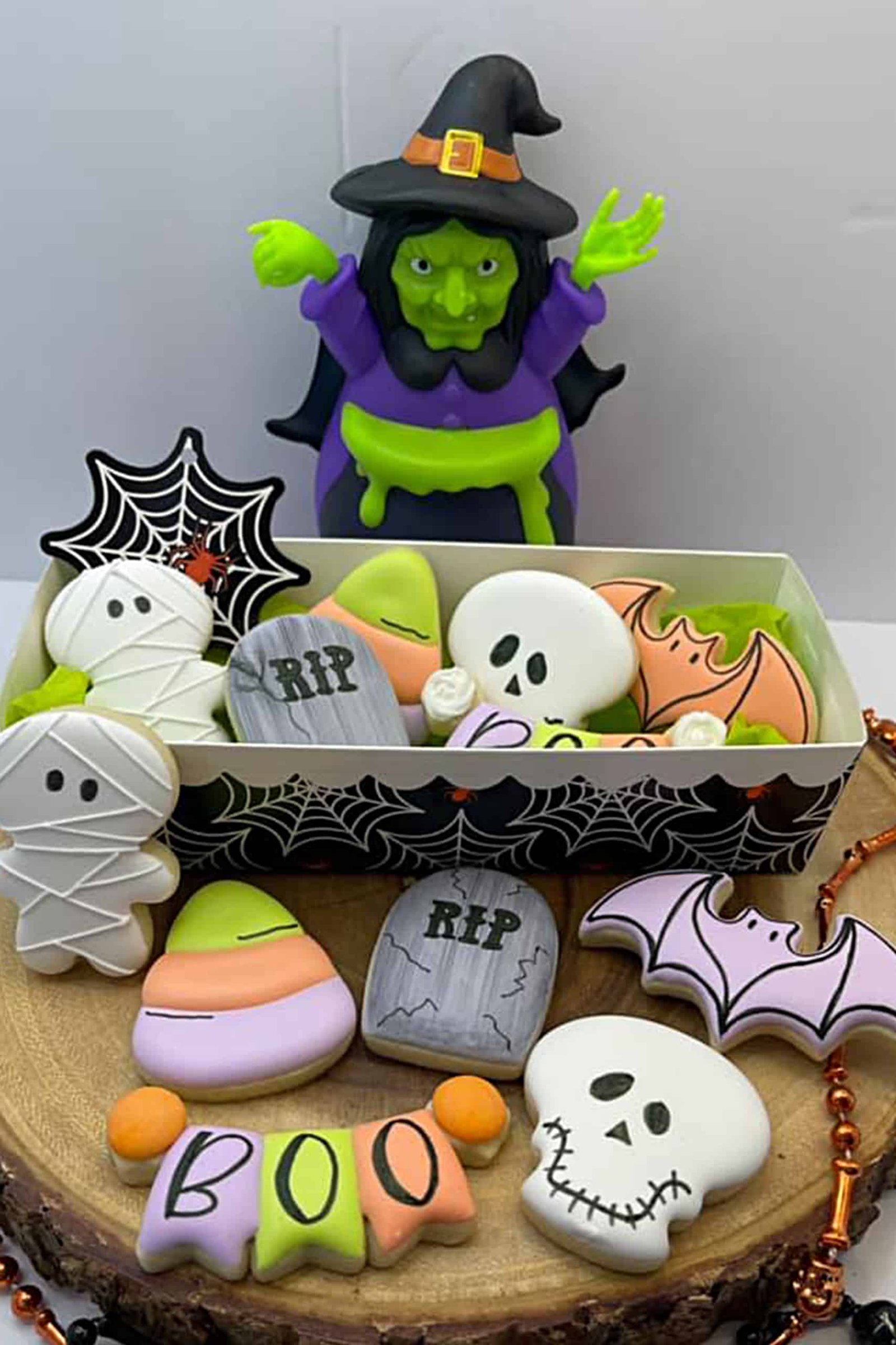 Boo, ghost, tombstone, bat, mummy and witch Halloween cookies by Shape It Cookie Co.