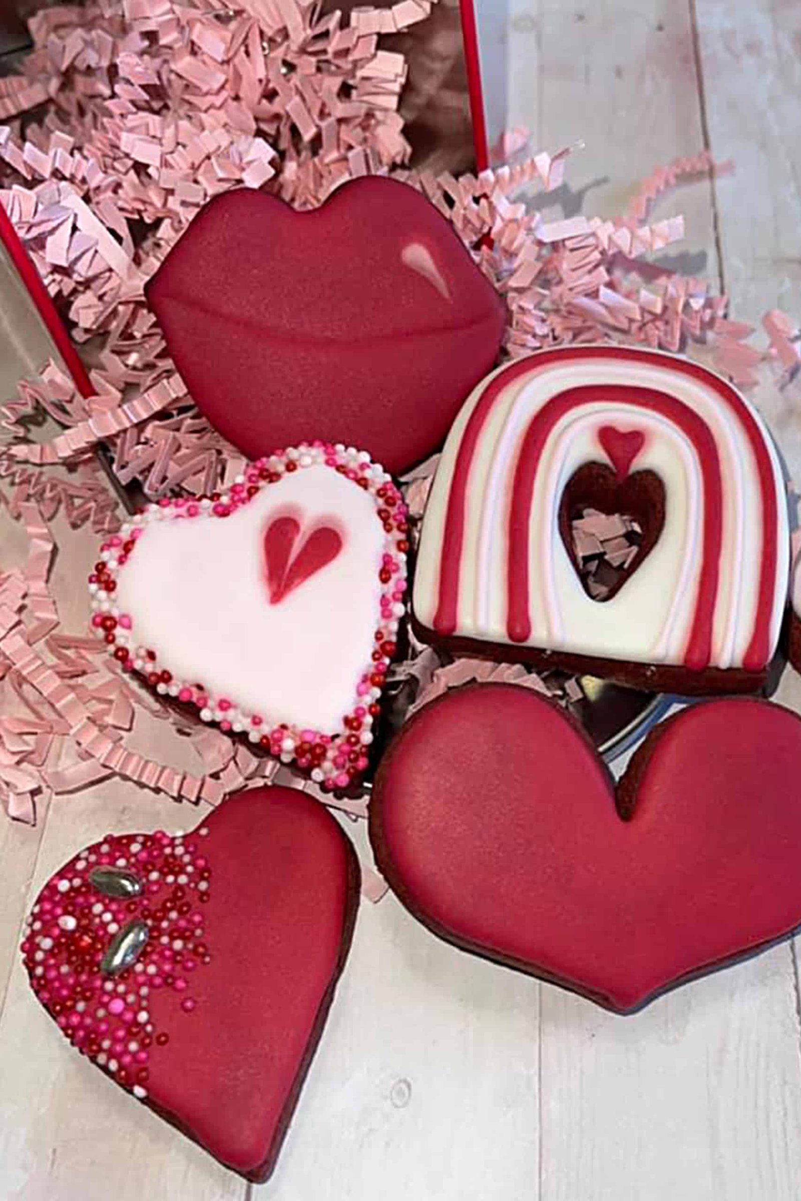 Heart, lips and rainbow valentine cookies by Shape It Cookie Co.