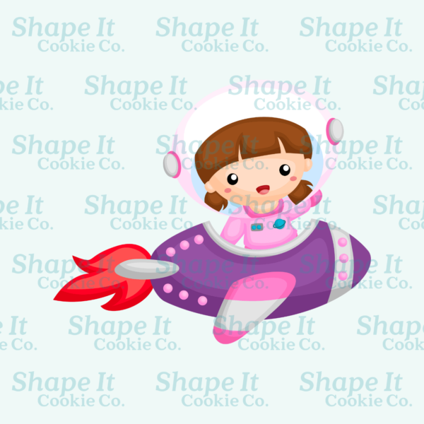Astronaut girl riding purple rocket ship cookie cutter image for Shape It Cookie Co.