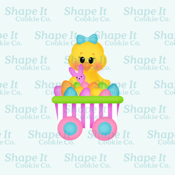 Cute girl chick inside a cart with eggs cookie cutter image for Shape It Cookie Co.