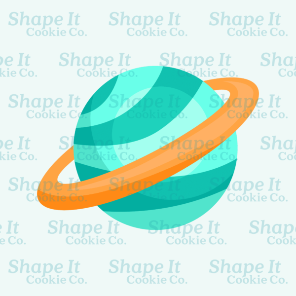 Aqua colored planet with golden rings cookie cutter image for Shape It Cookie Co.