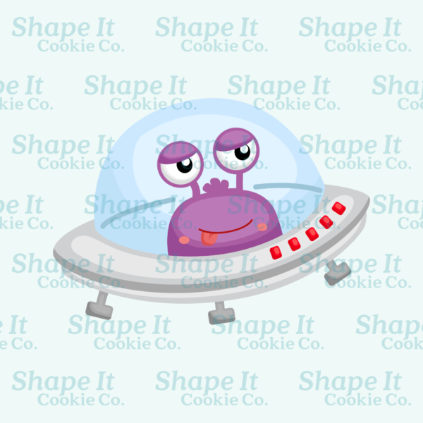 Purple alien riding bubble spaceship cookie cutter image for Shape It Cookie Co.