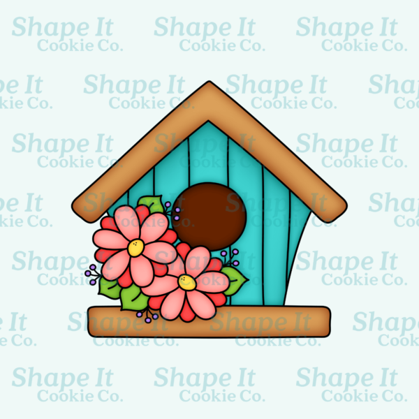 Blue birdhouse with pink and red flowers cookie cutter image for Shape It Cookie Co.