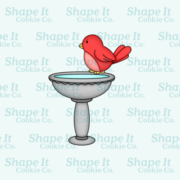 Red bird sitting on a birth bath cookie cutter image for Shape It Cookie Co.