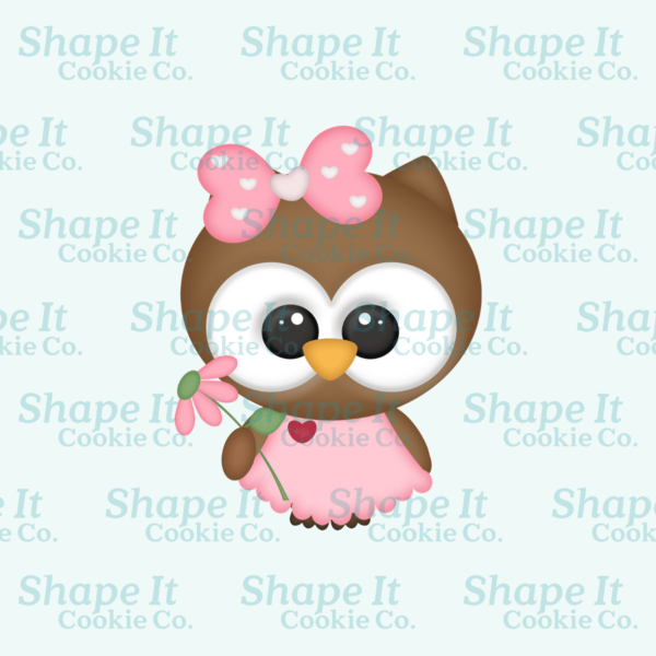 Brown valentine love owl wearing pink dress and holding a flower cookie cutter image for Shape It Cookie Co.