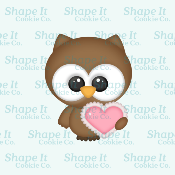 Brown valentine love owl holding a pink heart cookie cutter image for Shape It Cookie Co.