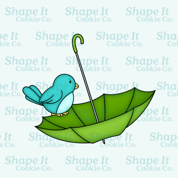 Blue bird on upside down green umbrella cookie cutter image for Shape It Cookie Co.