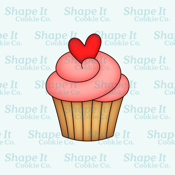 Valentine pink cupcake with red heart cookie cutter image for Shape It Cookie Co.