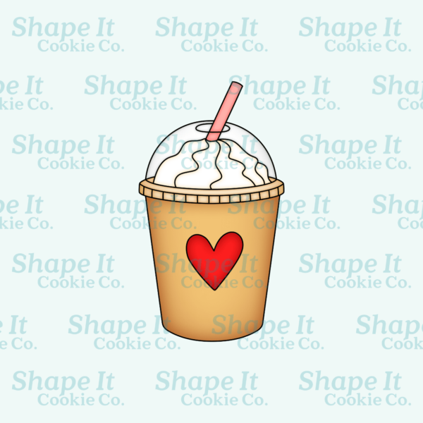 Valentine frappuccino with red heart cookie cutter image for Shape It Cookie Co.