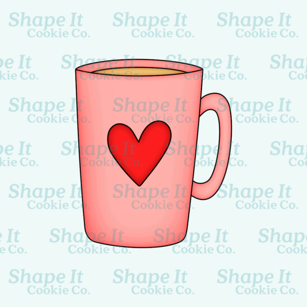 Pink valentine latte mug with red heart cookie cutter image for Shape It Cookie Co.