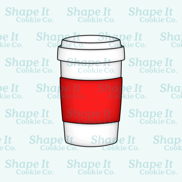 Paper coffee cup with red sleeve cookie cutter image for Shape It Cookie Co.
