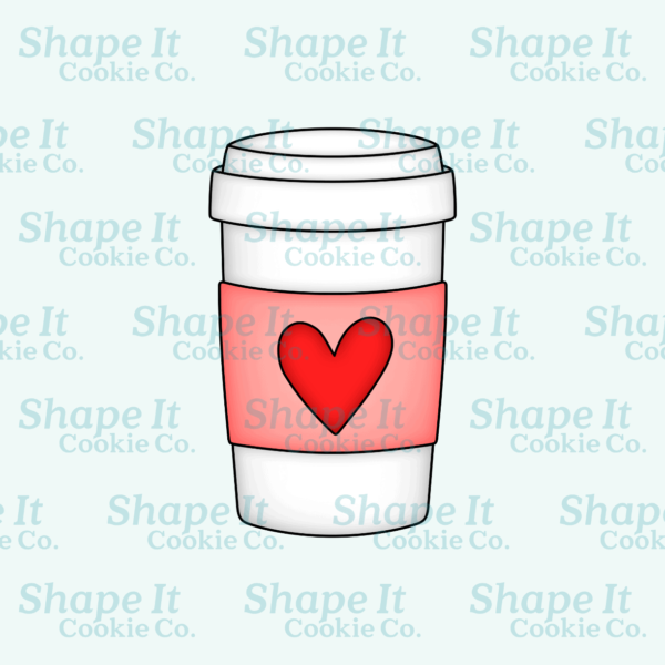 Valentine paper coffee cup with red heart and pink sleeve cookie cutter image for Shape It Cookie Co.